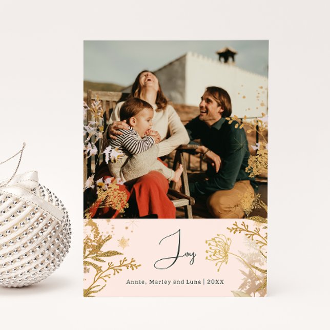 Boho Gold Floral Joy Pink Vertical Photo Christmas Holiday Card (Creator Uploaded)