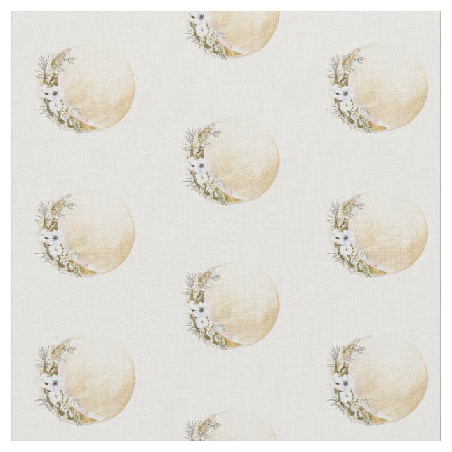 Boho Gold Floral Moon Pattern Fabric (Close Up)