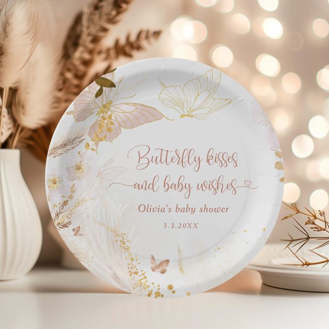 Boho gold foil butterfly kisses baby shower paper plates (Creator Uploaded)
