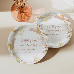 Boho gold foil butterfly kisses baby shower paper plates