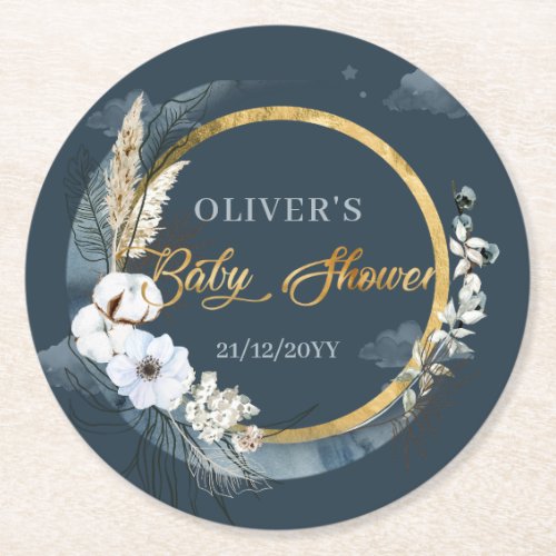 Boho gold foil moon navy and white flowers Baby Round Paper Coaster