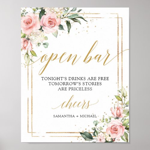 Boho gold frame blush pink floral open bar sign