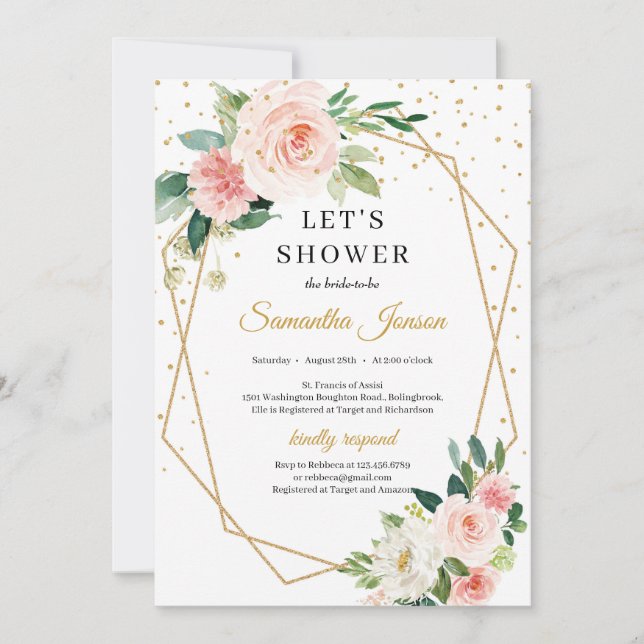 Boho gold geometric blush pink floral bridal invitation (Front)