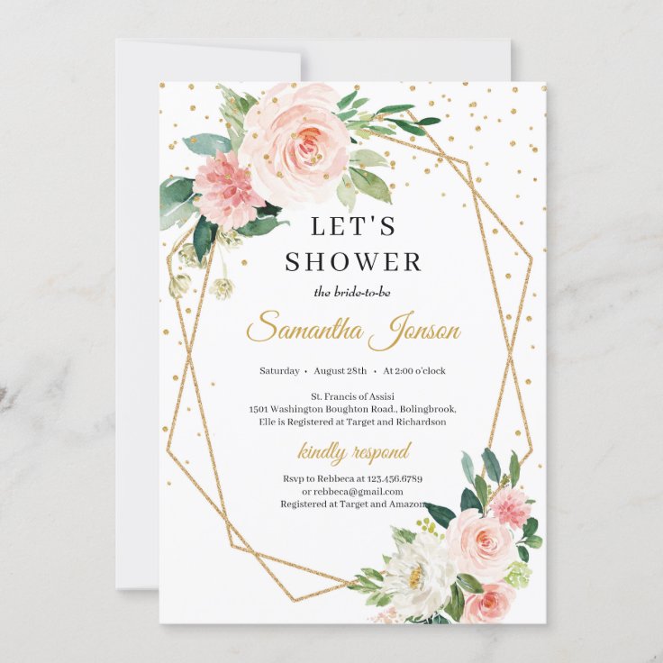 Boho gold geometric blush pink floral bridal invitation | Zazzle