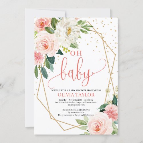 Boho Gold Geometric BLush Pink Floral Oh baby Invitation