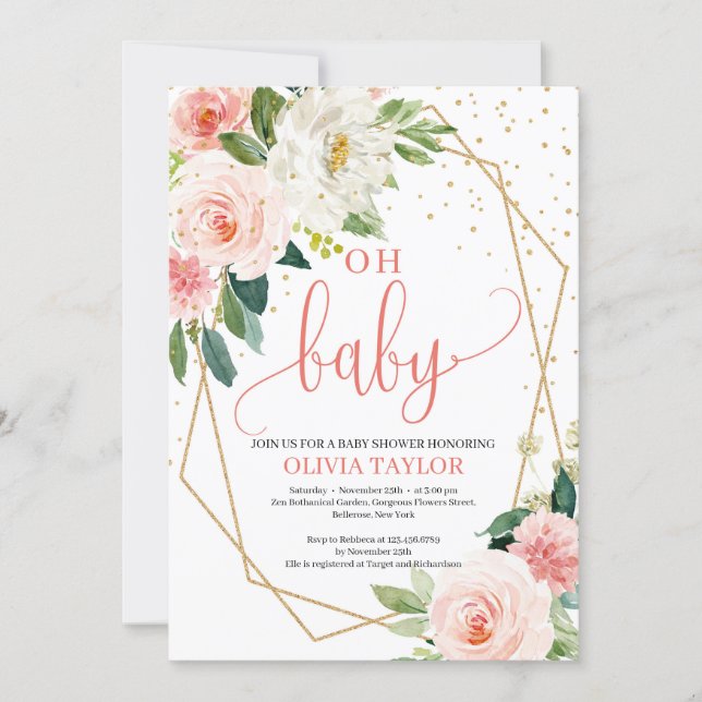 Boho Gold Geometric BLush Pink Floral Oh baby Invitation (Front)
