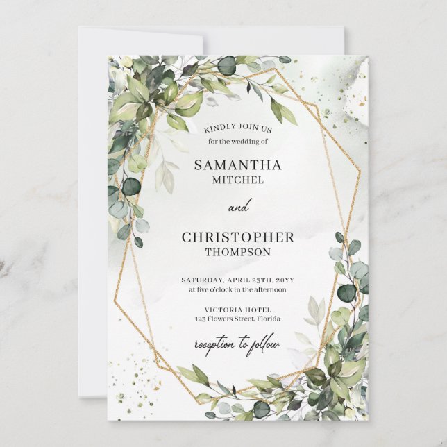 Boho gold geometric greenery foliage wedding invitation (Front)