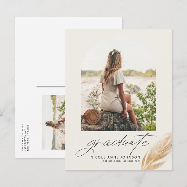Boho Gold Glitter Feather Arch Photo Graduation Invitation Postcard (Front/Back)