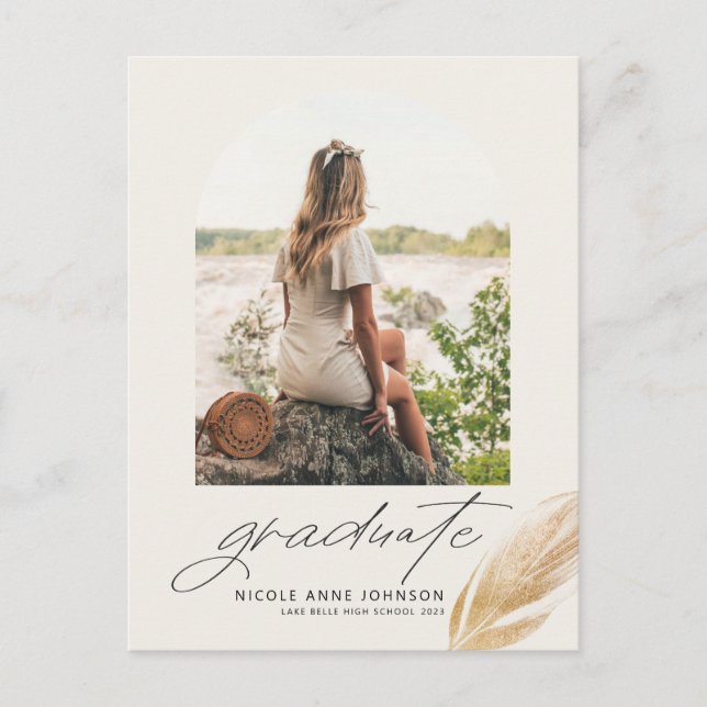 Boho Gold Glitter Feather Photo Graduation Announcement Postcard (Front)