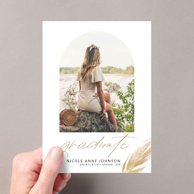 Boho Gold Glitter Feather White Photo Graduation Acrylic Invitations (Insitu (Handheld))