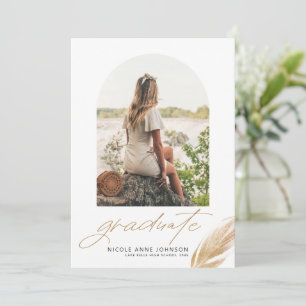 Boho Gold Glitter Feather White Photo Graduation Announcement
