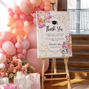 Boho Gold Glitter Floral Pink Graduation Thank You Foam Board