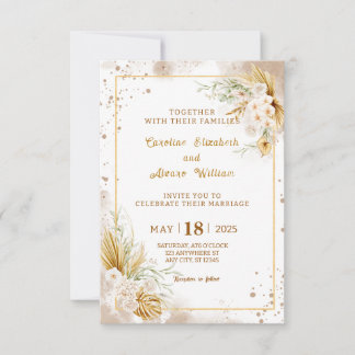 Boho Gold Glitter Pampas Grass & Orchid Wedding Invitation