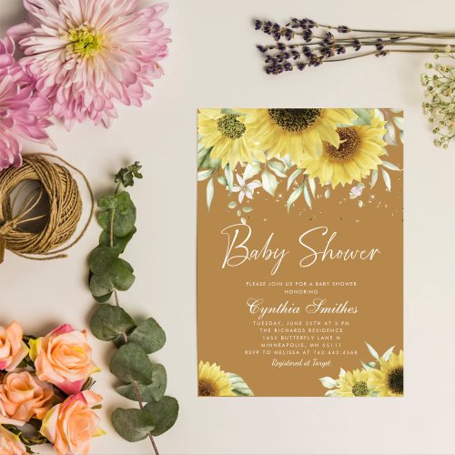 Boho Gold Glitter Sunflower Floral Baby Shower  Invitation
