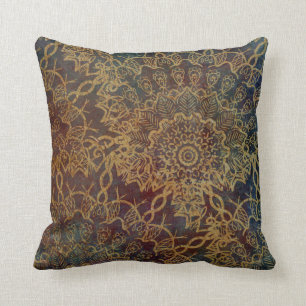 Boho Gold Mandala Pattern Over Blue Red Grunge Throw Pillow