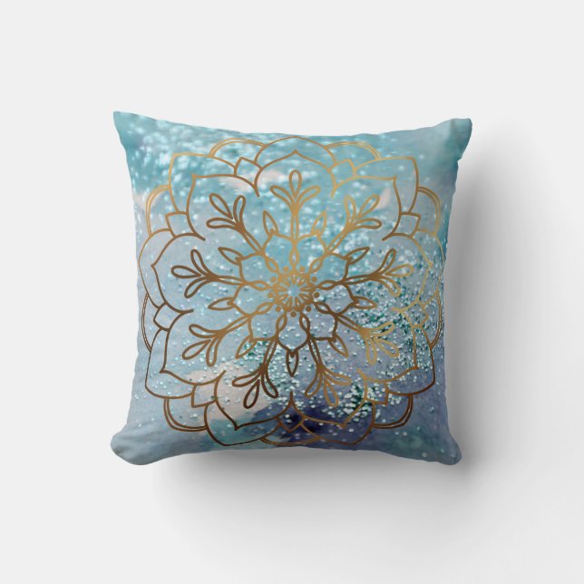 Boho Gold Mandala Pattern Teal Watercolor Glitter Throw Pillow (Front)