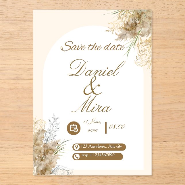 Boho Gold Pampas Arch Fully Editable Wedding  Acrylic Invitations (Front)