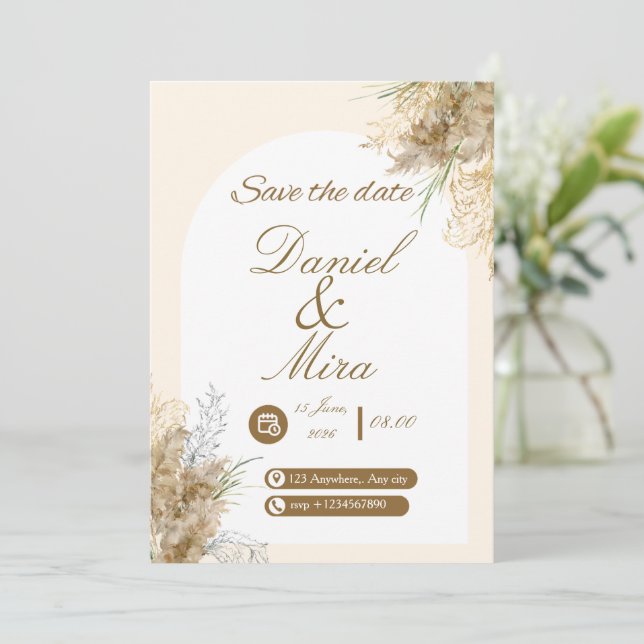 Boho Gold Pampas Arch Fully Editable Wedding  Invitation (Standing Front)