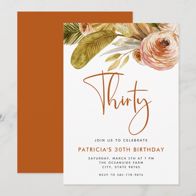 Boho Gold Pink Floral 30th Birthday Party Invitation (Front/Back)