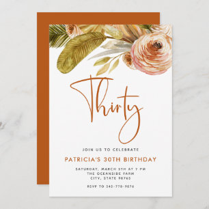 Boho Gold Pink Floral 30th Birthday Party Invitation
