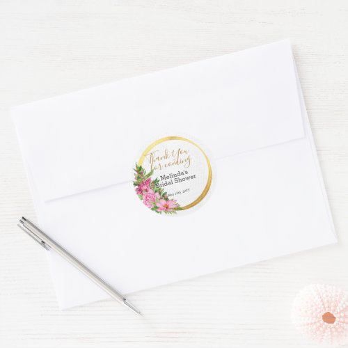 Boho Gold Pink Watercolor Floral Bridal Shower  Classic Round Sticker