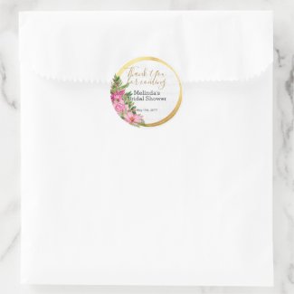 Boho Gold Pink Watercolor Floral Bridal Shower  Classic Round Sticker