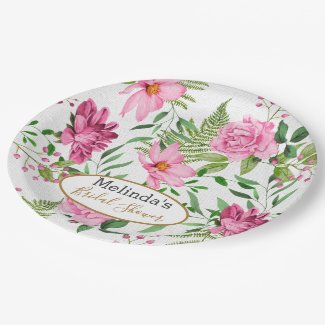 Boho Gold Pink Watercolor Floral Bridal Shower Nap Paper Plate