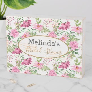 Boho Gold Pink Watercolor Floral Bridal Shower Wooden Box Sign