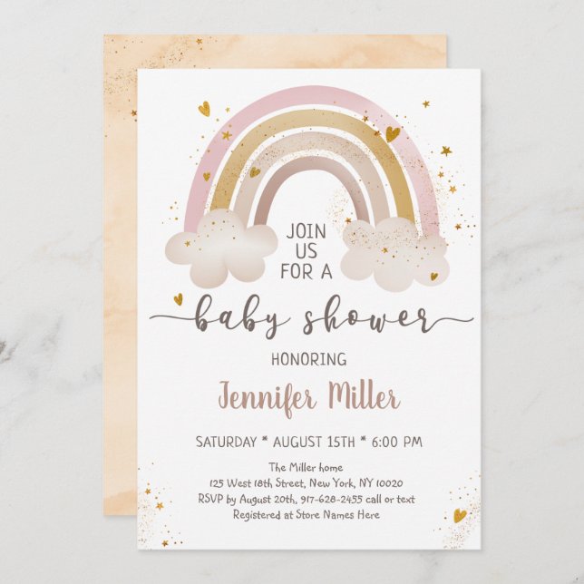 Boho Gold Rainbow Clouds Baby Shower Invitation (Front/Back)