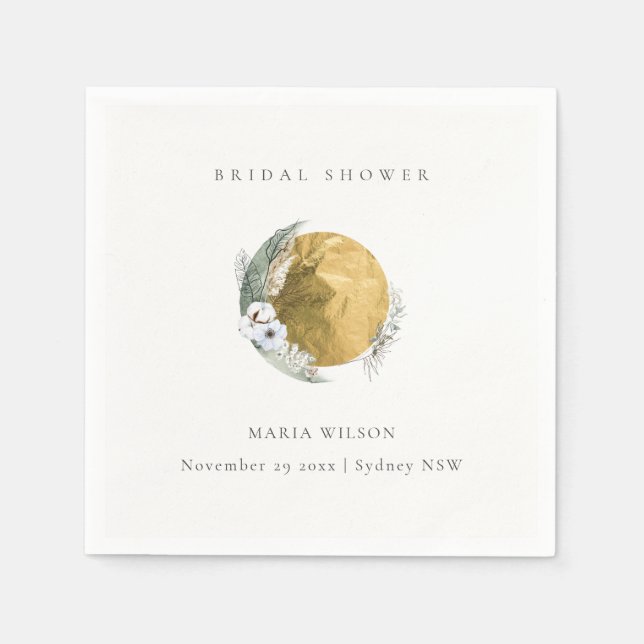 Boho Gold Saga Green Floral Bridal Shower Napkins (Front)