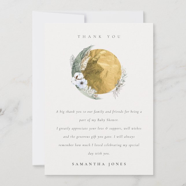 Boho Gold Saga Green Floral Wreath Baby Shower Thank You Card (Front)