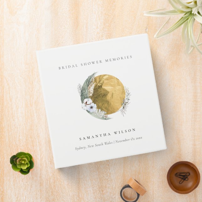 Boho Gold Saga Green Floral Wreath Bridal Shower 3 Ring Binder (In Situ)