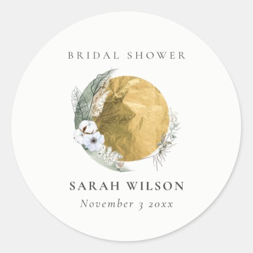 Boho Gold Saga Green Floral Wreath Bridal Shower Classic Round Sticker