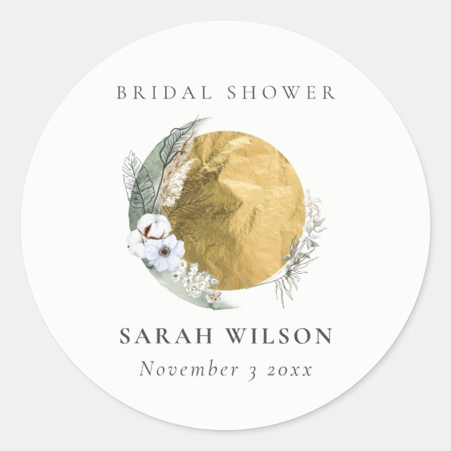 Boho Gold Saga Green Floral Wreath Bridal Shower Classic Round Sticker (Front)
