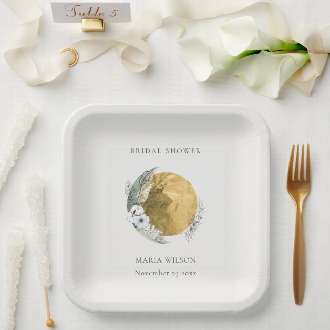 Boho Gold Saga Green Floral Wreath Bridal Shower Paper Plates (Wedding)