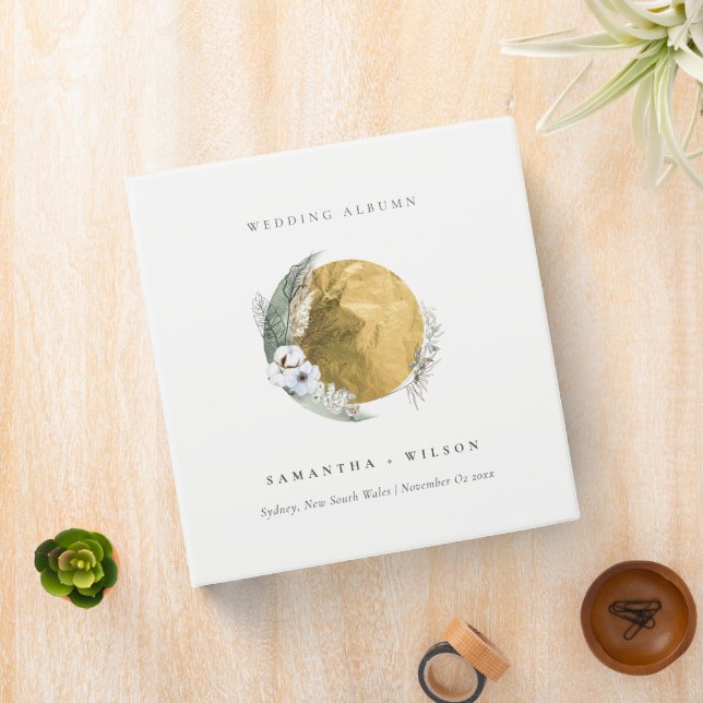 Boho Gold Saga Green Floral Wreath Wedding 3 Ring Binder (In Situ)