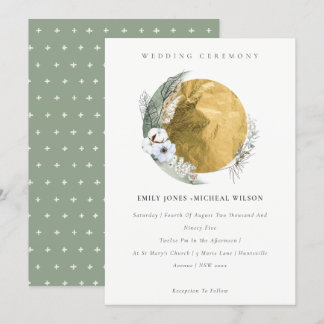 Boho Gold Saga Green Floral Wreath Wedding Invite