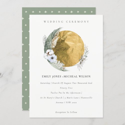 Boho Gold Saga Green Floral Wreath Wedding Invite