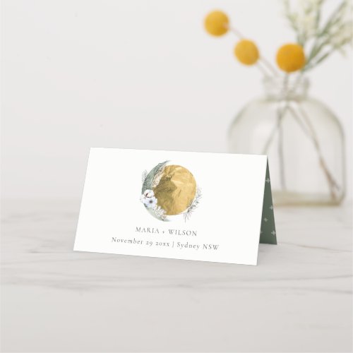 Boho Gold Saga Green Floral Wreath Wedding Place Card