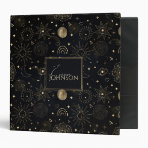 Boho Gold Space doodles Black Design 3 Ring Binder