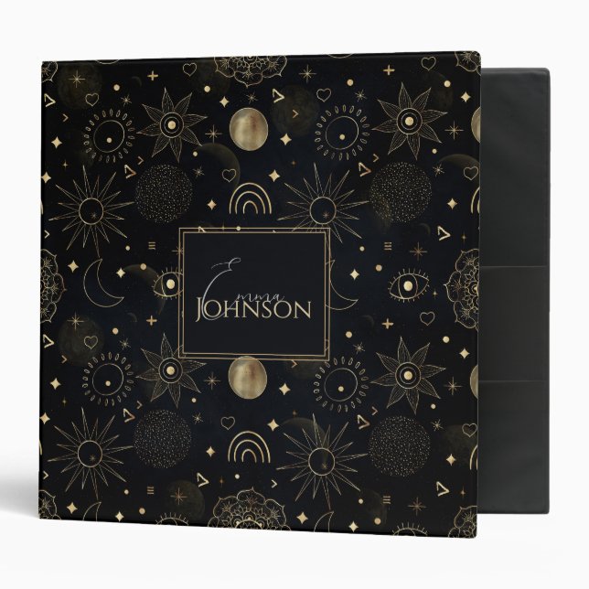 Boho Gold Space doodles Black Design 3 Ring Binder (Front/Inside)