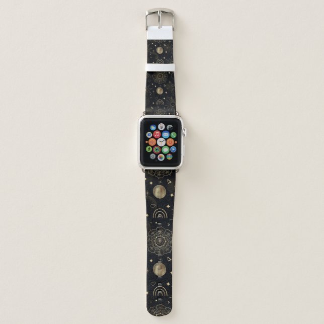 Boho Gold Space doodles Black Design Apple Watch Band (Front)