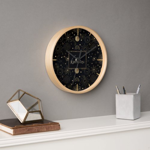 Boho Gold Space doodles Black Design Clock