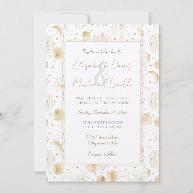 Boho Gold Space doodles White Design Invitation (Front)