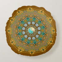 Boho Gold Turquoise Yin Yang Jewel Mandala Round Pillow
