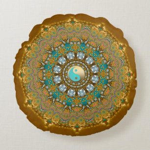 Boho Gold Turquoise Yin Yang Jewel Mandala Round Pillow