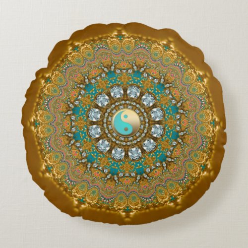 Boho Gold Turquoise Yin Yang Jewel Mandala Round Pillow