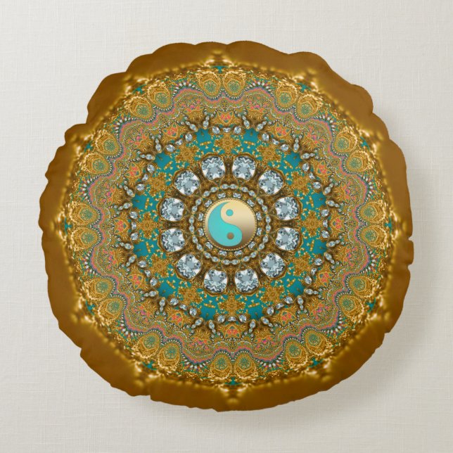 Boho Gold Turquoise Yin Yang Jewel Mandala Round Pillow (Front)