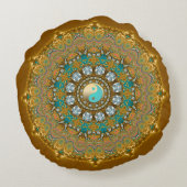 Boho Gold Turquoise Yin Yang Jewel Mandala Round Pillow (Back)