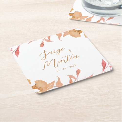 Boho Gold Watercolor Dcor Floral Wedding Party Square Paper Coaster